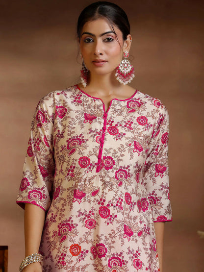 Women's LB Pink Printed Silk Blend Straight Suits With Dupatta