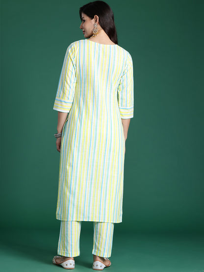 Women Striped Regular Thread Work Pure Cotton Kurta with Trousers