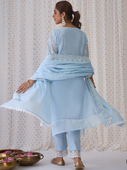 Ethnic Embroidered V-Neck Thread Work Pure Cotton Kurta with Trousers & Dupatta