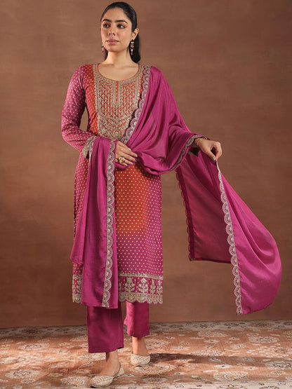 Women Bandhani Printed Regular Kurta with Trousers & With Dupatta