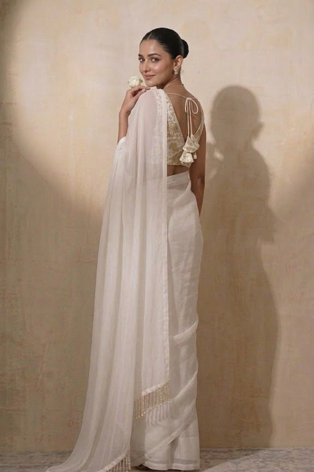 Dhiyona ST With Stitched Blouse - White Brocade Blouse with White Chiffon Saree (Blouse has sleeve attached)