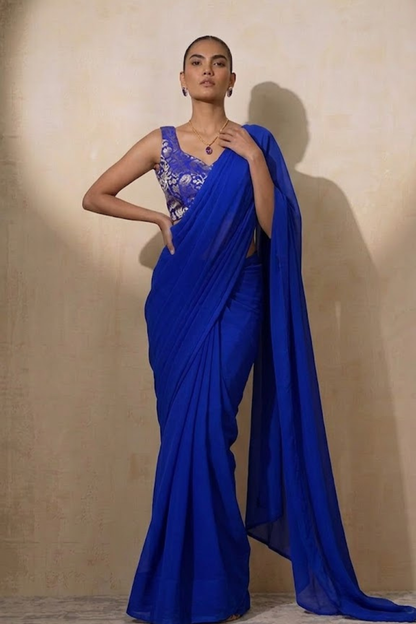 Dhiyona ST With Stitched Blouse - Blue Brocade Blouse with Royal Blue Chiffon Saree (Blouse has sleeve attached)