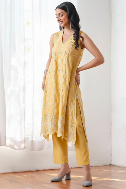 Dhiyona ST 2 Pc Set - Sunshine Yellow Cotton Allover Embroidered Schffli Sleeveless Kurta with Pants