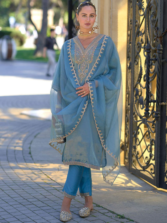 Ethnic Motifs Embroidered Sequinned Straight Kurta With Trousers & Dupatta