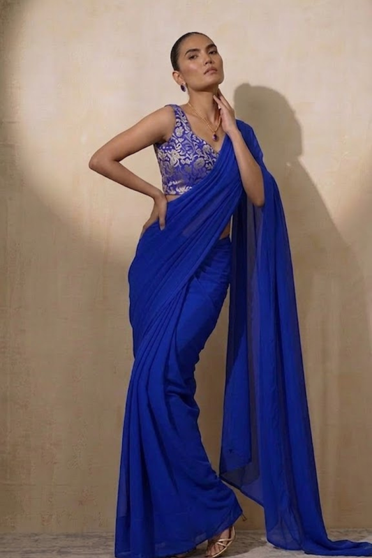 Dhiyona ST With Stitched Blouse - Blue Brocade Blouse with Royal Blue Chiffon Saree (Blouse has sleeve attached)