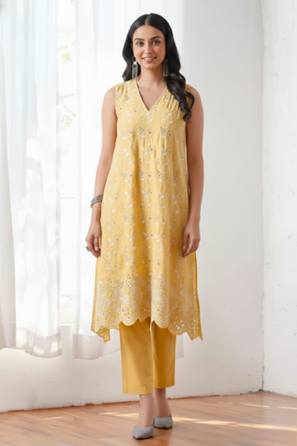 Dhiyona ST 2 Pc Set - Sunshine Yellow Cotton Allover Embroidered Schffli Sleeveless Kurta with Pants
