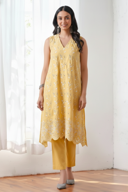 Dhiyona ST 2 Pc Set - Sunshine Yellow Cotton Allover Embroidered Schffli Sleeveless Kurta with Pants