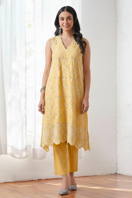 Dhiyona ST 2 Pc Set - Sunshine Yellow Cotton Allover Embroidered Schffli Sleeveless Kurta with Pants