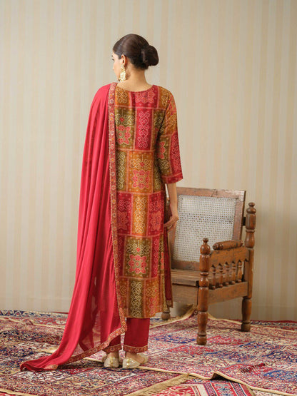 Dhiyona IS Women's Bandhani Printed Sequinned Round Neck Pure Silk Kurta with Trousers & Dupatta