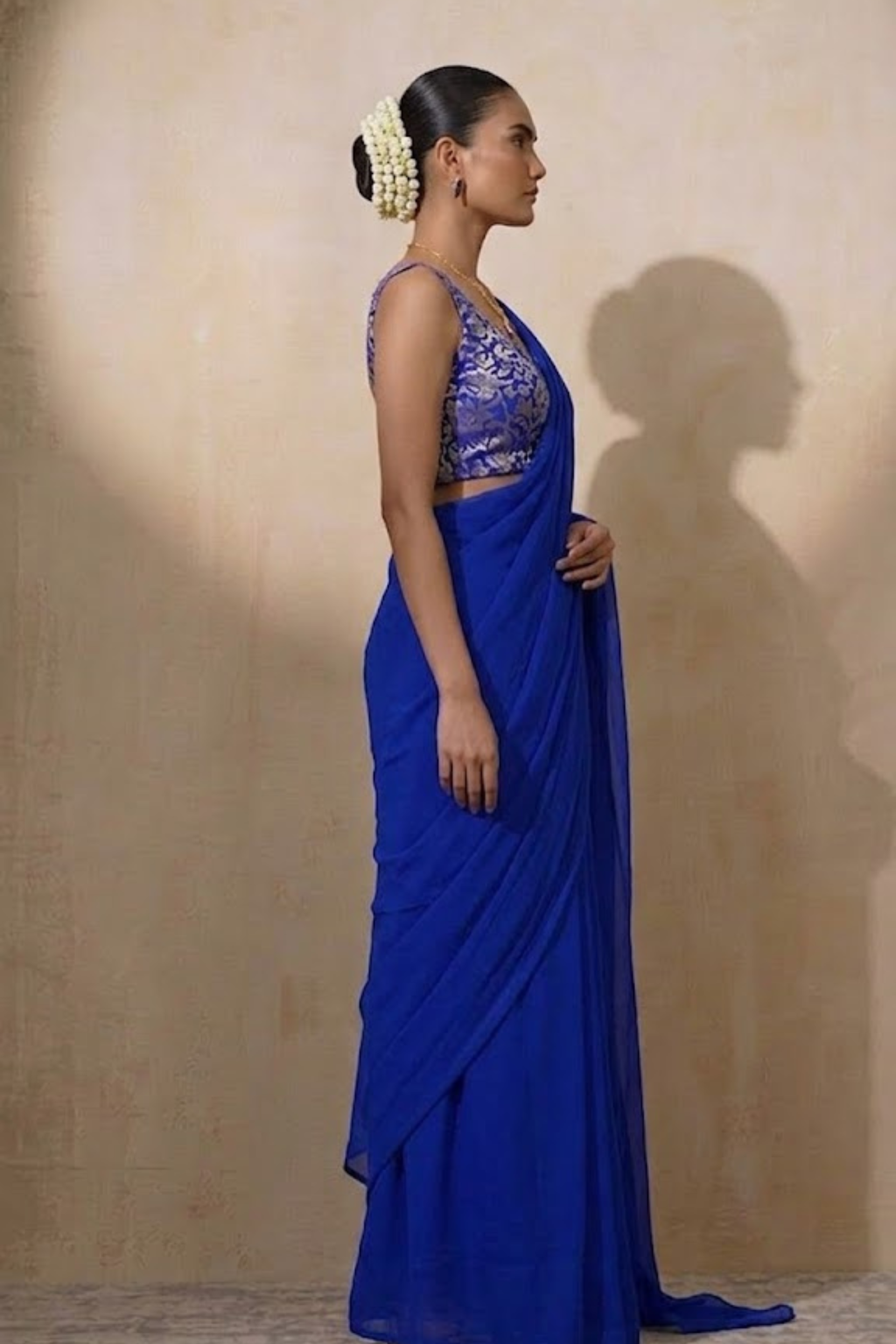 Dhiyona ST With Stitched Blouse - Blue Brocade Blouse with Royal Blue Chiffon Saree (Blouse has sleeve attached)