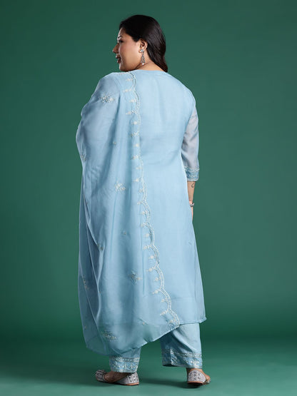 Dhiyona Women's Embroidered Sequinned Kurta With Trousers & Dupatta