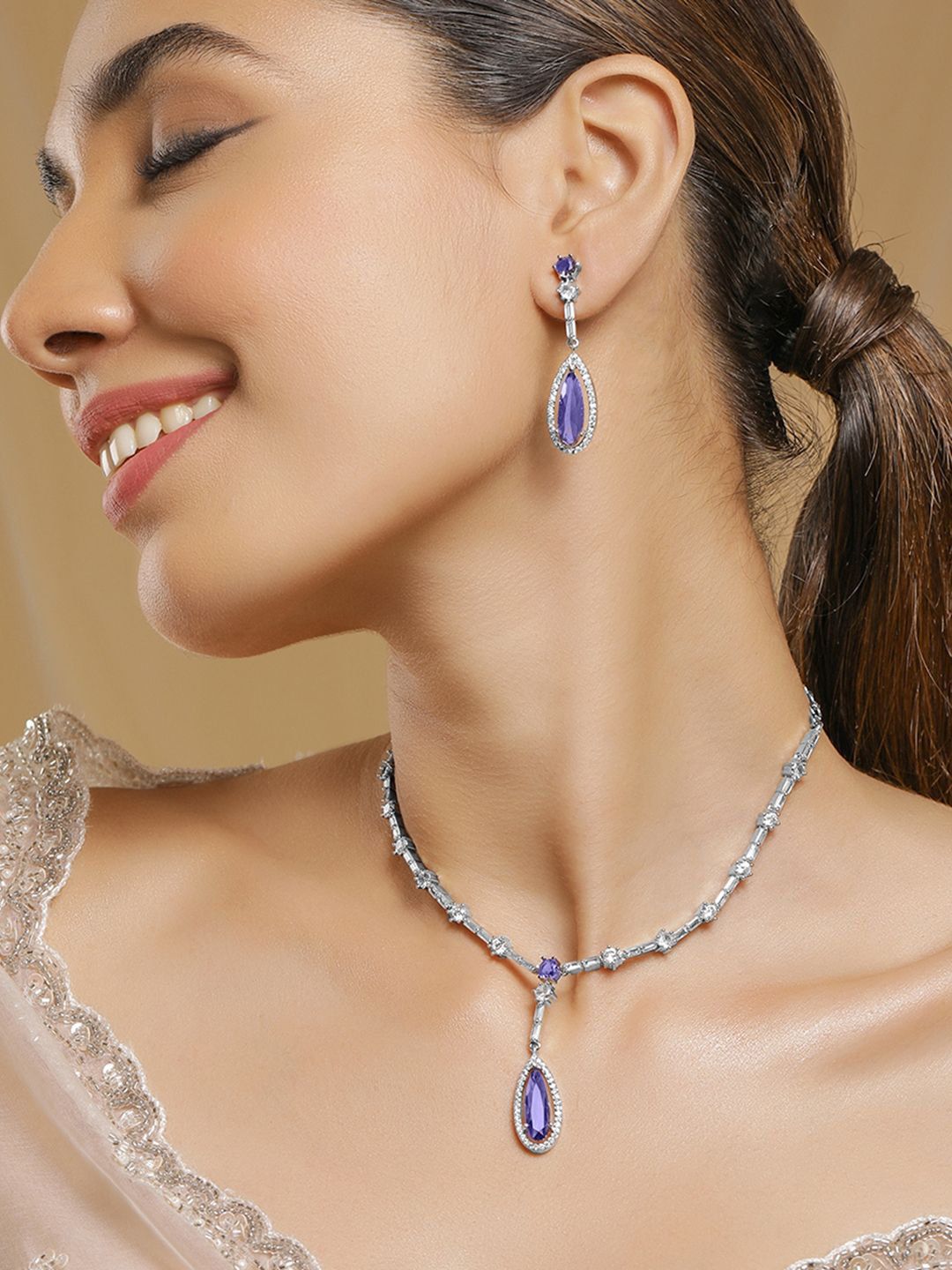 Dhiyona RJ Women's Rhodium Plated Purple Sapphire Teardrop Necklace Set with AD & Cubic Zirconia