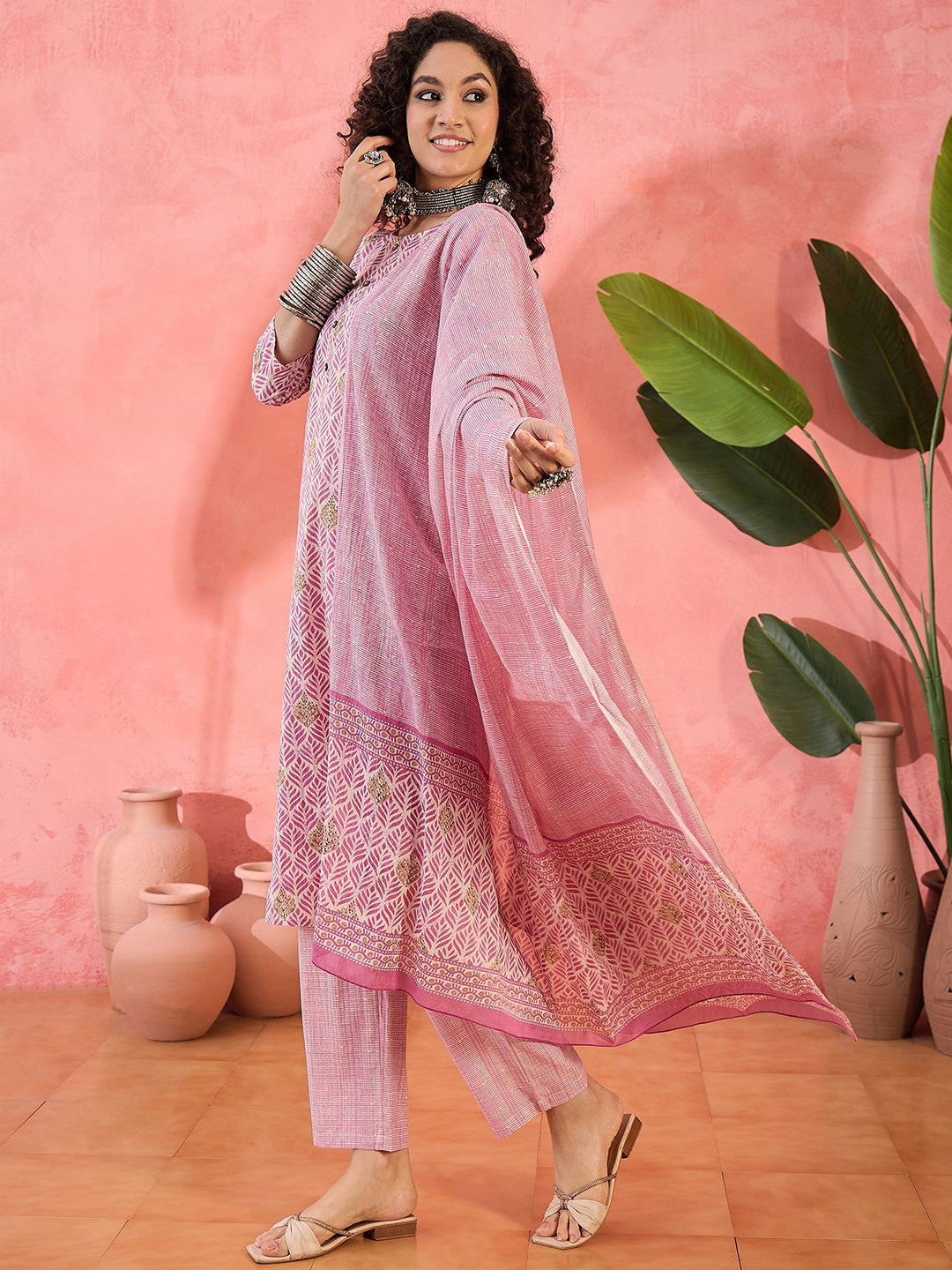 Floral Printed Round Neck Pure Cotton Straight Kurta With Trousers & Dupatta