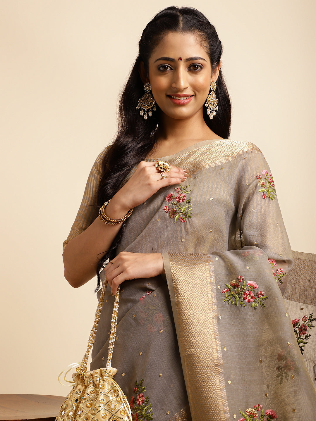 Dhiyona GR Women's Kashmira Grey Cotton Silk Saree