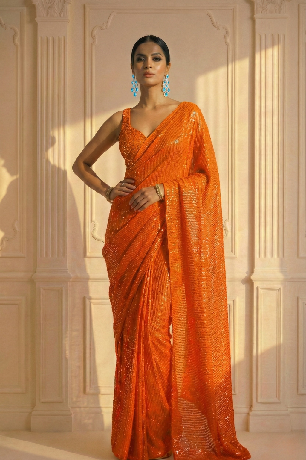 Dhiyona ST Tangerine Knitted Sequin Saree with Blouse Fabric