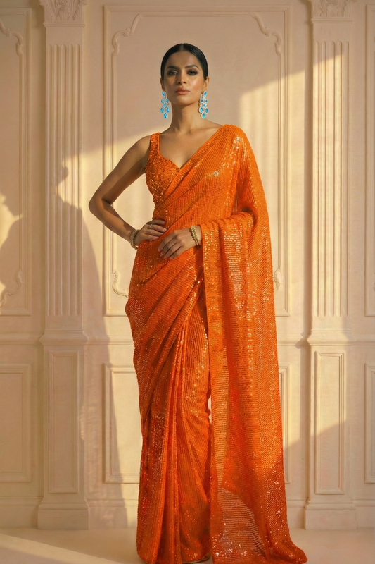 Dhiyona ST Tangerine Knitted Sequin Saree with Blouse Fabric