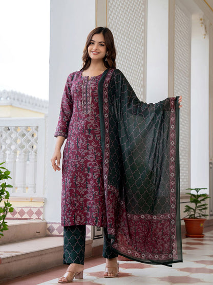Dhiyona KL Floral Printed Notch Neck Straight Kurta With Trousers & Dupatta