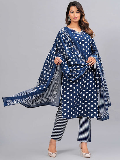 Dhiyona KL Polka Dot Printed Regular Pure Cotton Kurta With Trousers & Dupatta