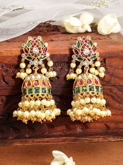 Dhiyona RJ Women's 22K Gold-Plated Ruby Red & Emerald Green Kundan Stone Studed Jhumka with Pearl Bead