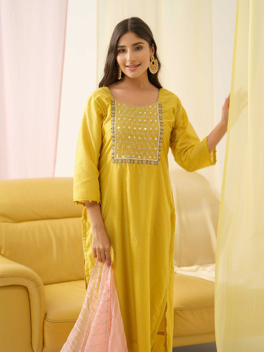Dhiyona IS Women's Ethnic Motifs Yoke Design Mirror Work Chanderi Cotton Kurta with Trousers & Dupatta