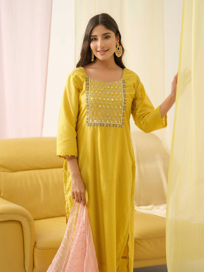Dhiyona IS Women's Ethnic Motifs Yoke Design Mirror Work Chanderi Cotton Kurta with Trousers & Dupatta
