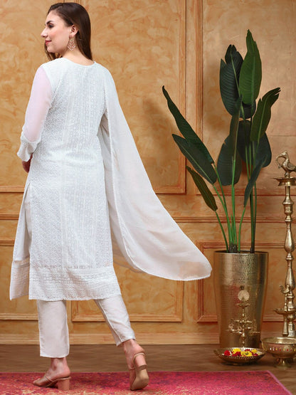 Dhiyona IS Women's Paisley Embroidered Regular Chikankari Kurta with Trousers & With Dupatta