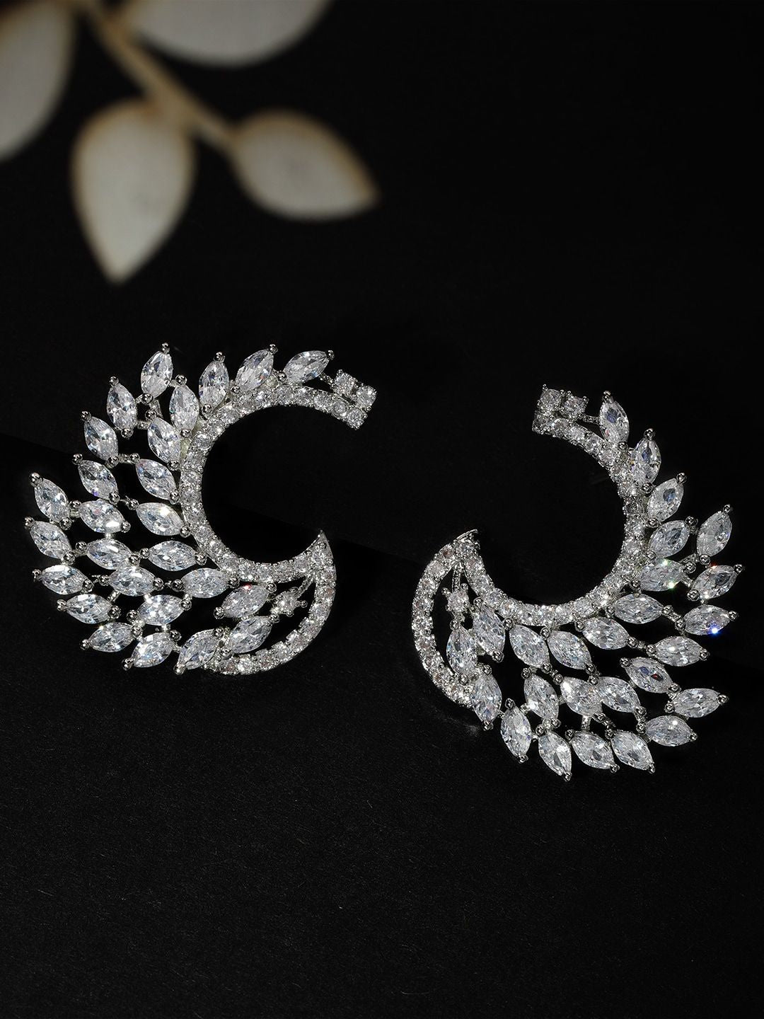 Dhiyona RJ Women's Silver-Toned & White Handcrafted Feather Shaped Drop Earrings