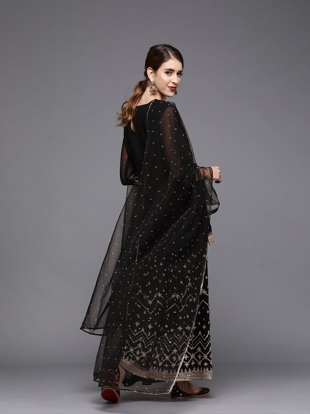Dhiyona IN Women Black Georgette Kurti with Embroidered Sharara & Dupatta