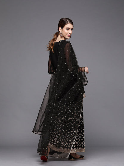 Dhiyona IN Women Black Georgette Kurti with Embroidered Sharara & Dupatta