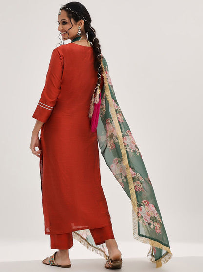 Maroon Yoke Design Ethnic Motifs Straight Kurta & Trousers With Dupatta