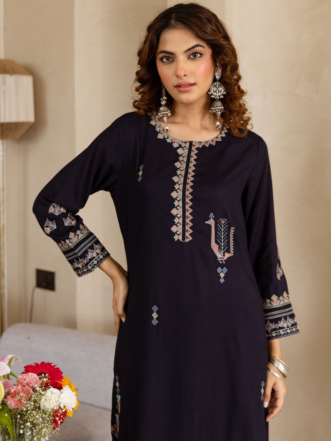 Dhiyona SN Ethnic Motifs Embroidered Round Neck Thread Work Straight Kurta With Palazzos
