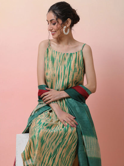 Abstract Printed Sleeveless Chanderi Silk Straight Kurta With Trousers & Dupatta