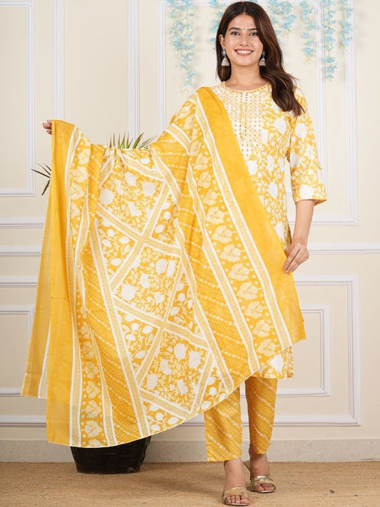 Dhiyona KL Women Floral Printed Regular Thread Work Kurta with Trousers & With Dupatta