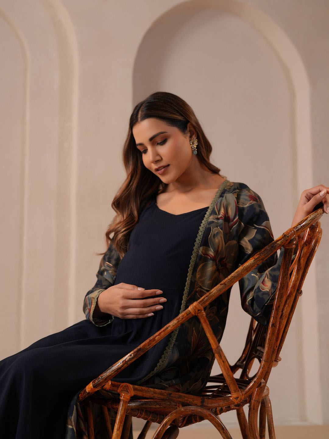 Dhiyona AY Women's Shoulder Strap Neck Maternity Ethnic Dresses With Cape Jacket