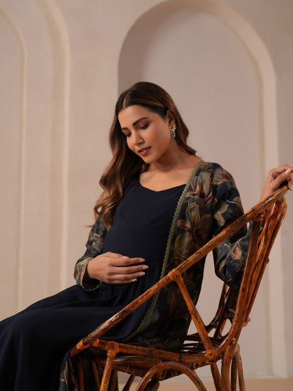Dhiyona AY Women's Shoulder Strap Neck Maternity Ethnic Dresses With Cape Jacket