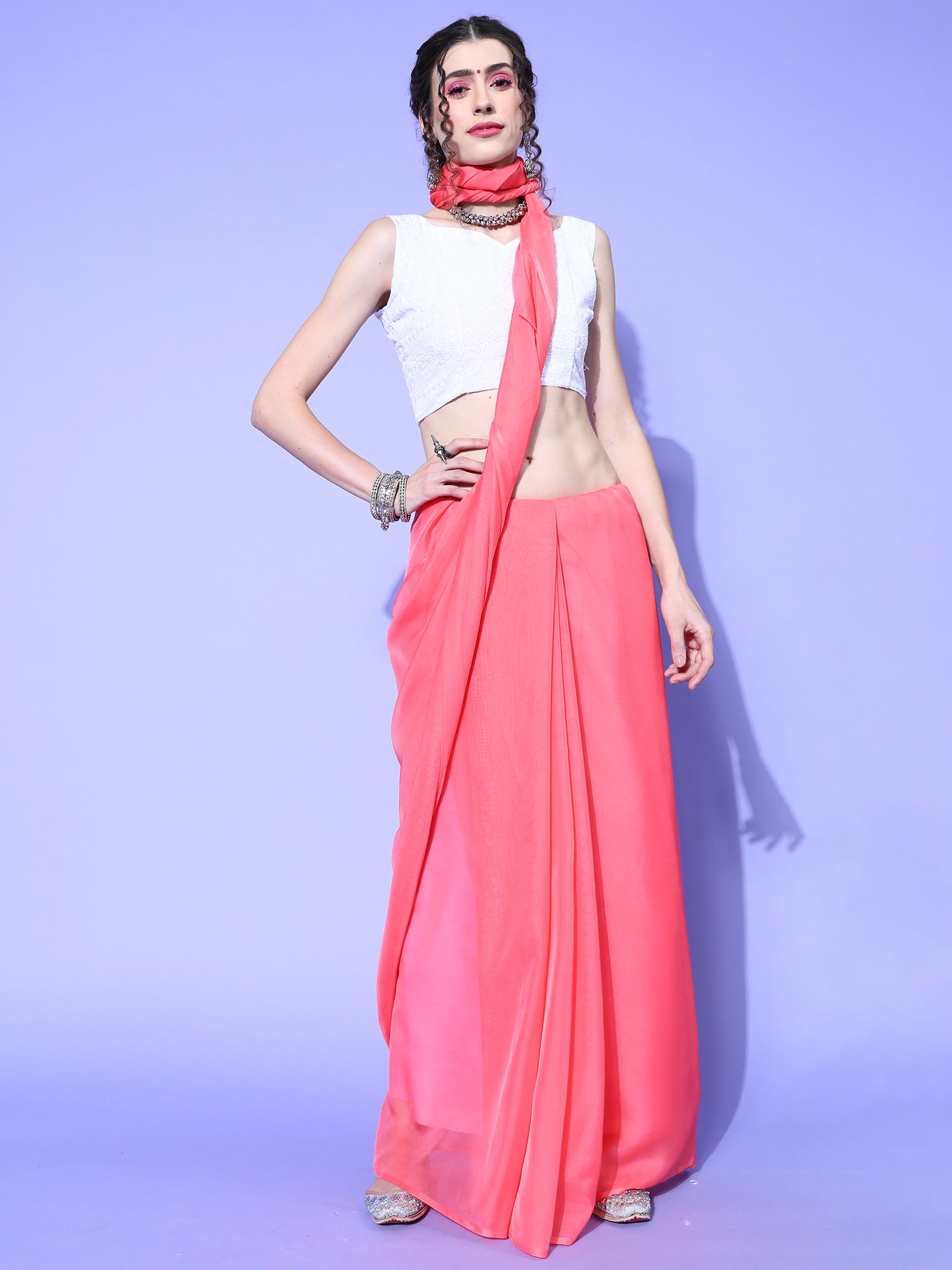 Women's Organza Pink Solid Celebrity Saree With Blouse Piece