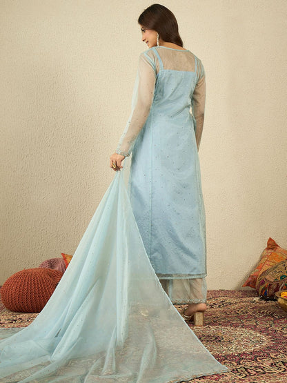 Dhiyona IN Women Ethnic Zari Mukaish Embroidered Kurta Set with Dupatta
