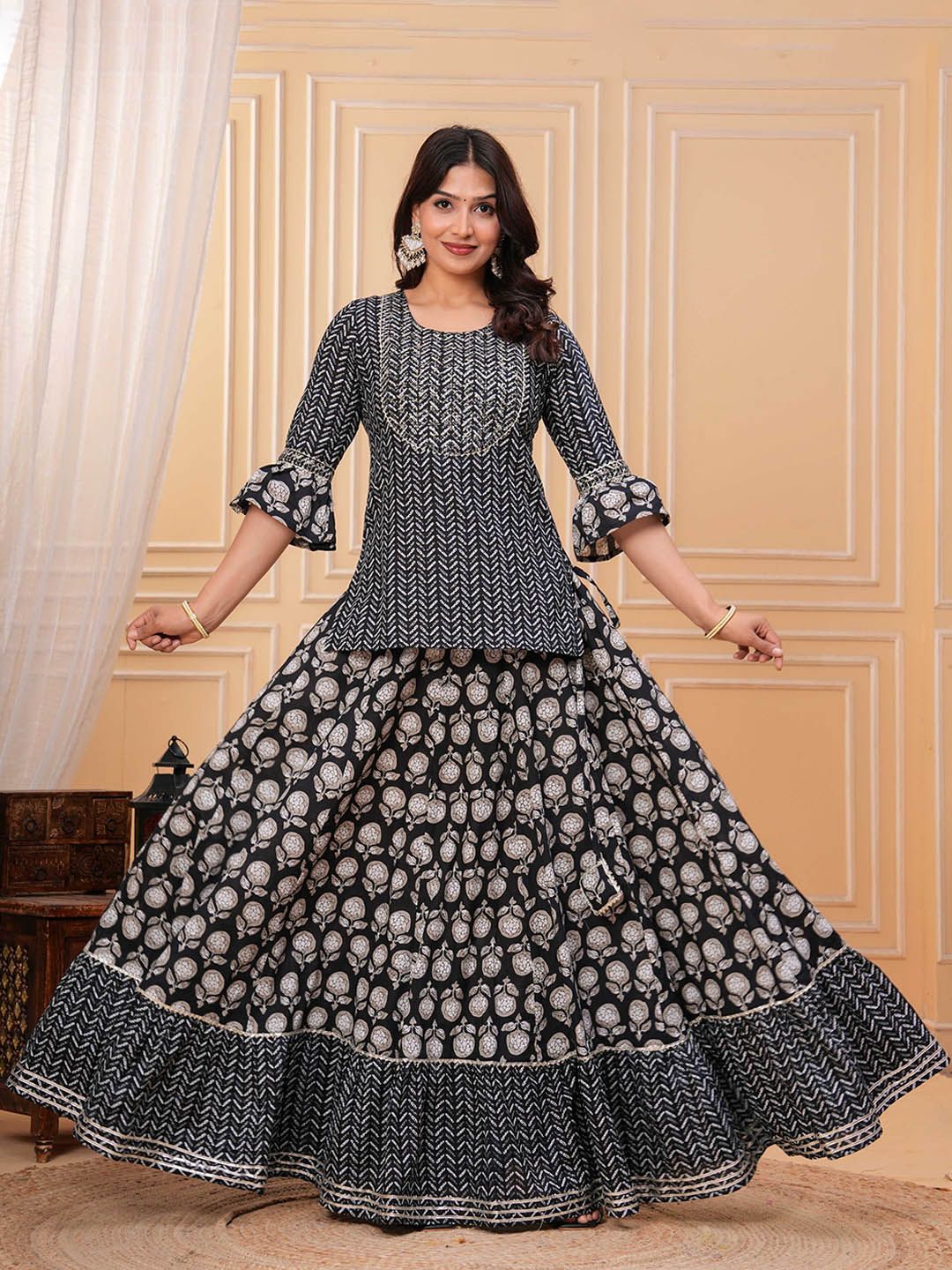 Dhiyona KL Women Ethnic Motifs Printed Cotton A-Line Kurti with Skirt & Dupatta