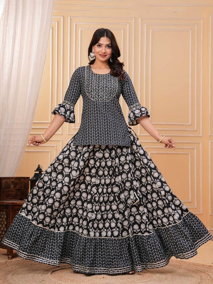 Dhiyona KL Women Ethnic Motifs Printed Cotton A-Line Kurti with Skirt & Dupatta