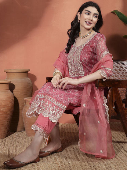 Ethnic Motifs Printed Zari Organza Straight Kurta With Trousers & Dupatta