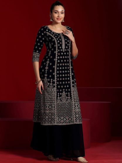 Dhiyona LL Floral Embroidered Georgette Panelled Straight Kurta with Palazzo & Dupatta
