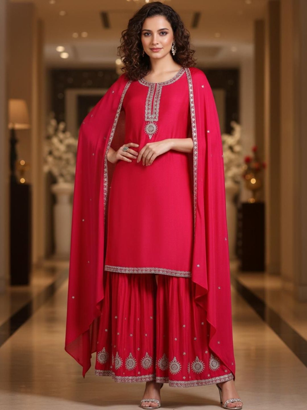 Dhiyona KL Women Ethnic Motifs Embroidered Regular Thread Work Kurta with Sharara & With Dupatta