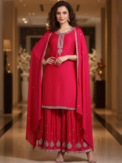 Dhiyona KL Women Ethnic Motifs Embroidered Regular Thread Work Kurta with Sharara & With Dupatta