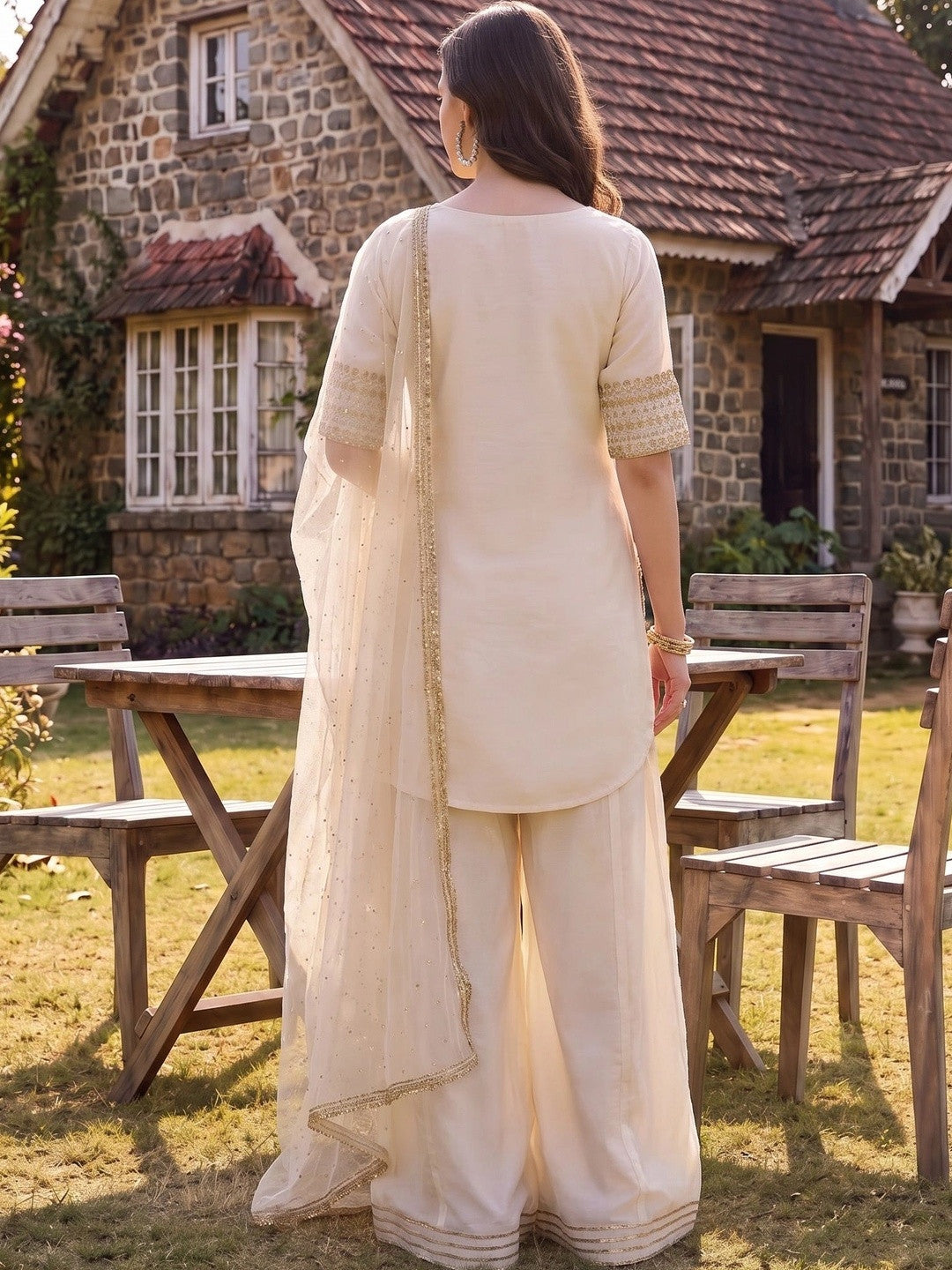Women Ethnic Motifs Embroidered Regular Silk Chiffon Kurta with Sharara & With Dupatta
