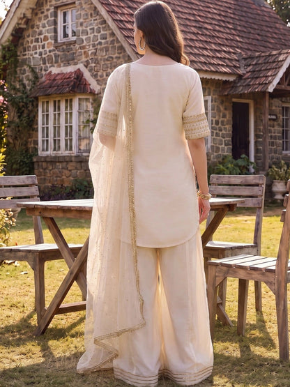 Women Ethnic Motifs Embroidered Regular Silk Chiffon Kurta with Sharara & With Dupatta