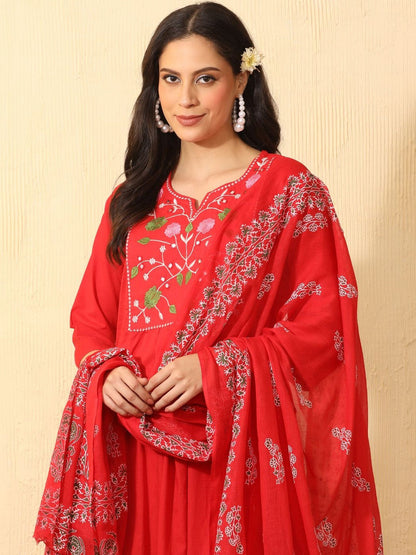 Women Floral Embroidered Empire Mirror Work Pure Cotton Kurta with Trousers & With Dupatta