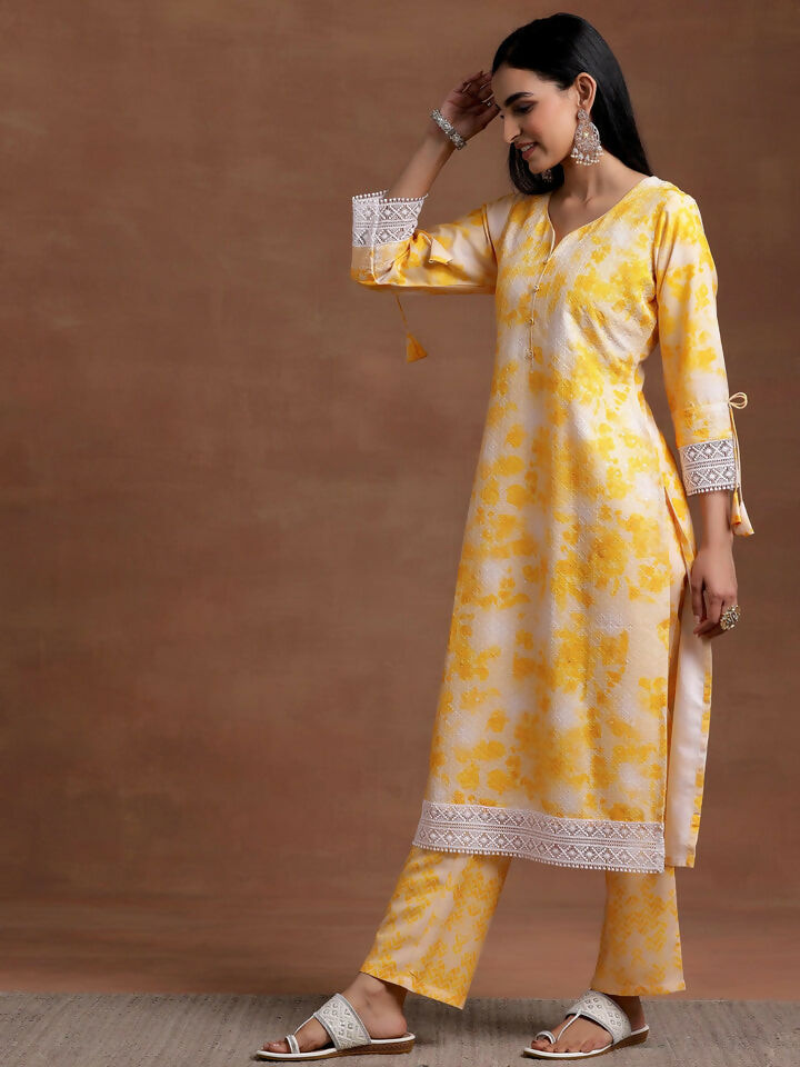 Women's LB Yellow Embroidered Cotton Blend Straight Suit With Dupatta