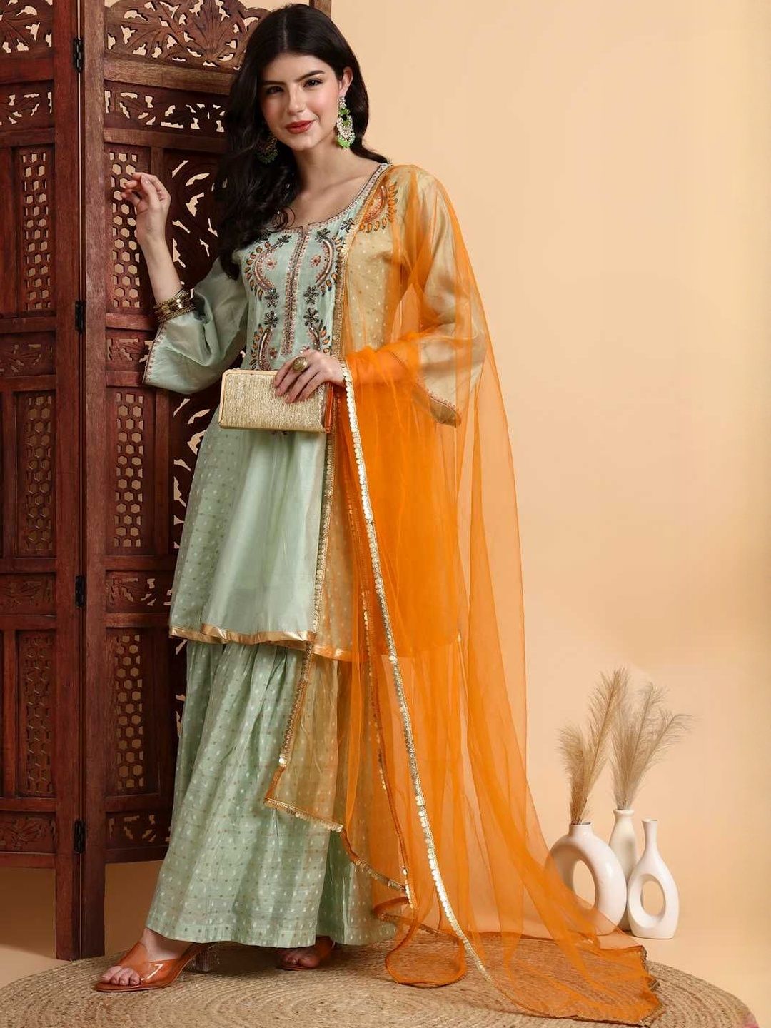 Dhiyona HOP Zardosi Embroidered Kurta & Sharara With Dupatta