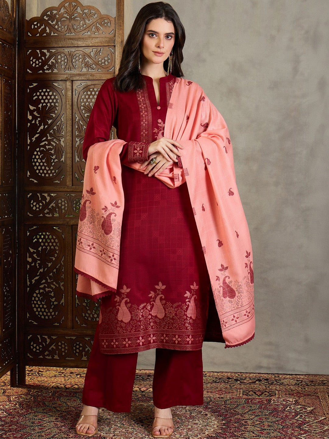 Dhiyona SN Winter Ethnic Women Maroon & Peach Jacquard Straight Kurta with Trousers & Dupatta