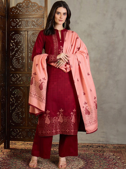 Winter Ethnic Women Maroon & Peach Jacquard Straight Kurta with Trousers & Dupatta